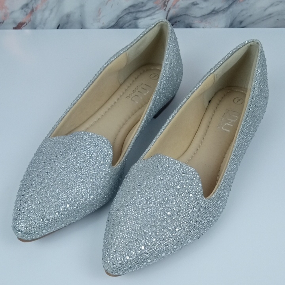 👠 Musshoe Silver Glitter Pointed Toe Flats